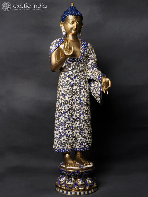 32" Large Standing Preaching Buddha Brass Idol with Inlay Work