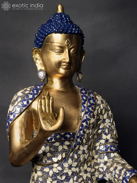 32" Large Standing Preaching Buddha Brass Idol with Inlay Work