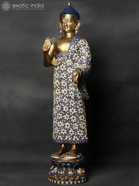 32" Large Standing Preaching Buddha Brass Idol with Inlay Work