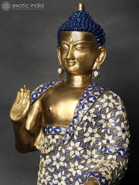 32" Large Standing Preaching Buddha Brass Idol with Inlay Work