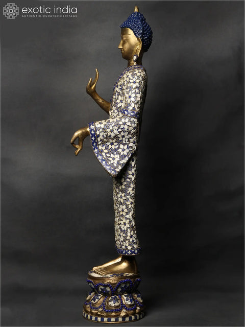 32" Large Standing Preaching Buddha Brass Idol with Inlay Work