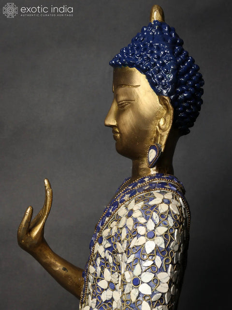 32" Large Standing Preaching Buddha Brass Idol with Inlay Work