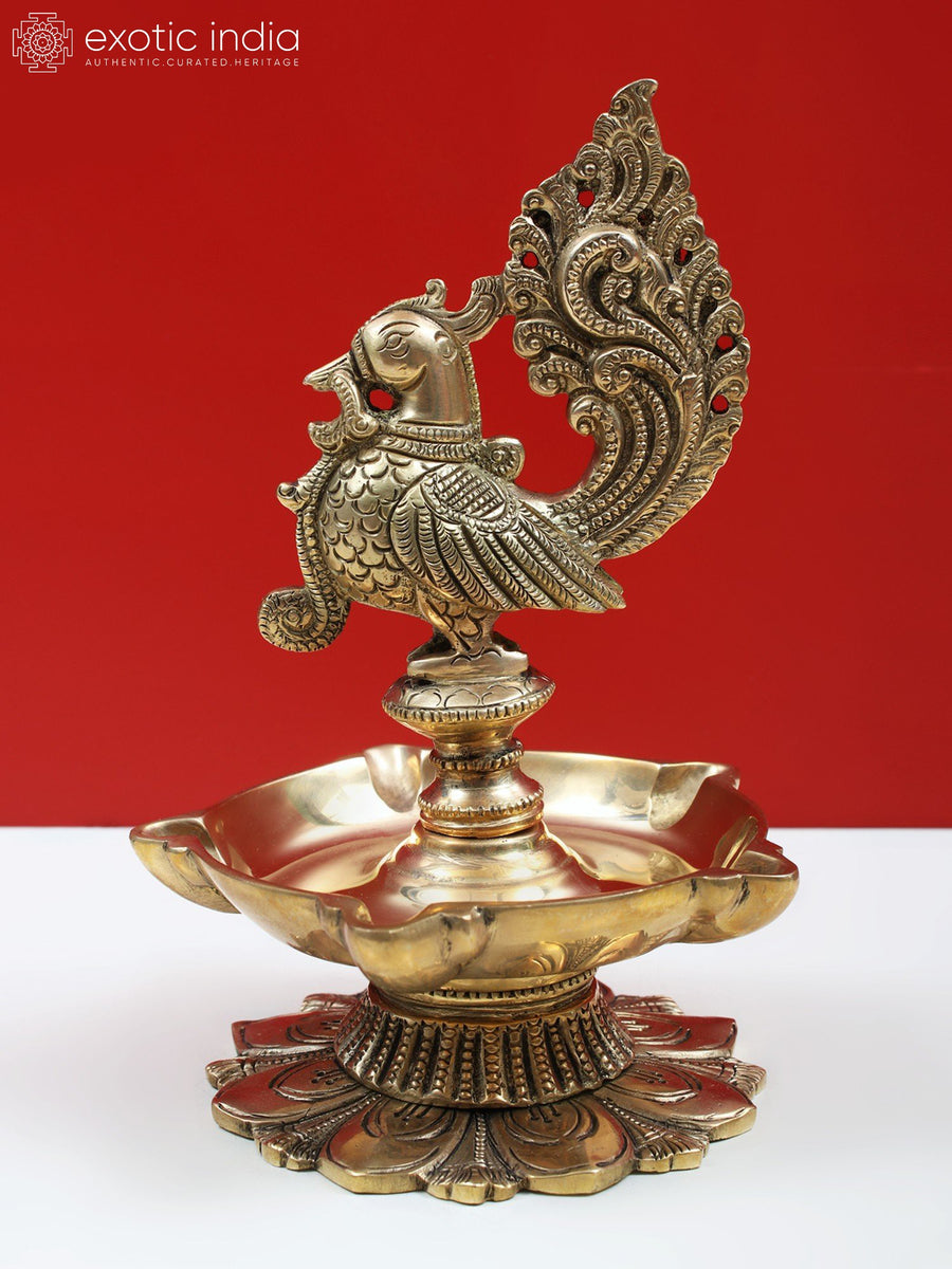 7" Brass Peacock Diya for Pooja