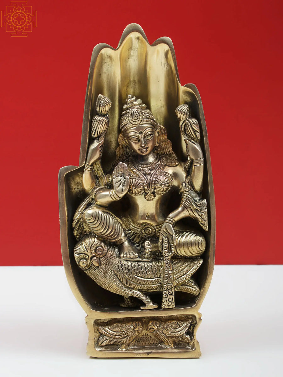 7" Brass Goddess Lakshmi Idol Carved in Hand Sitting on Owl