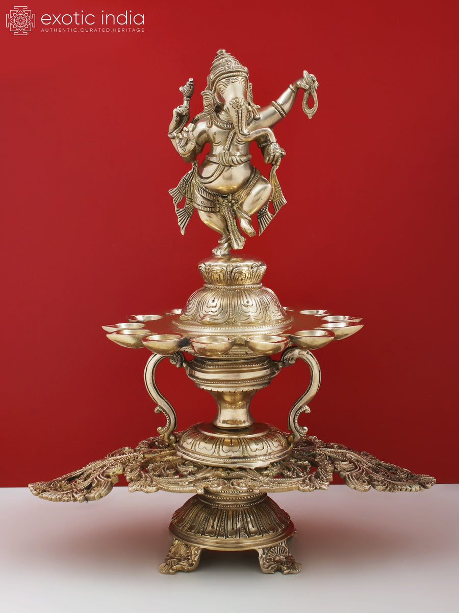 15" Brass Dancing Ganesha Statue with Diya for Pooja