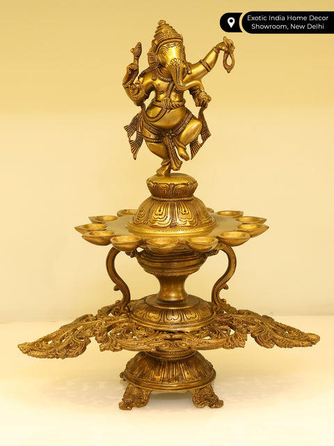 15" Brass Dancing Lord Ganesha with Diya for 12 Wicks