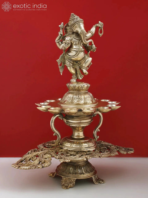 15" Brass Dancing Lord Ganesha with Diya for 12 Wicks