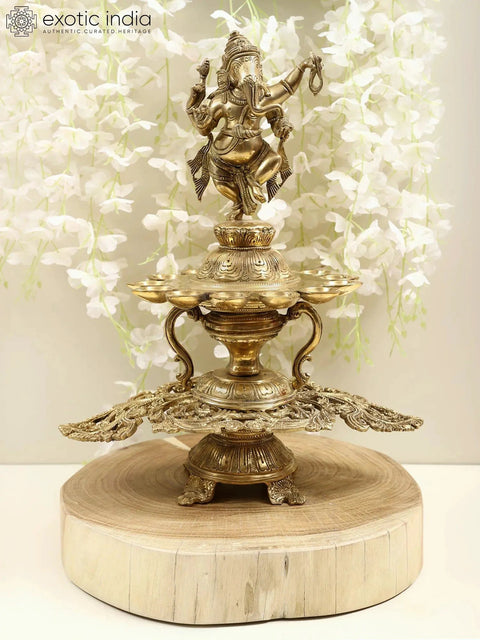 15" Brass Dancing Lord Ganesha with Diya for 12 Wicks