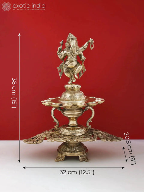 15" Brass Dancing Lord Ganesha with Diya for 12 Wicks
