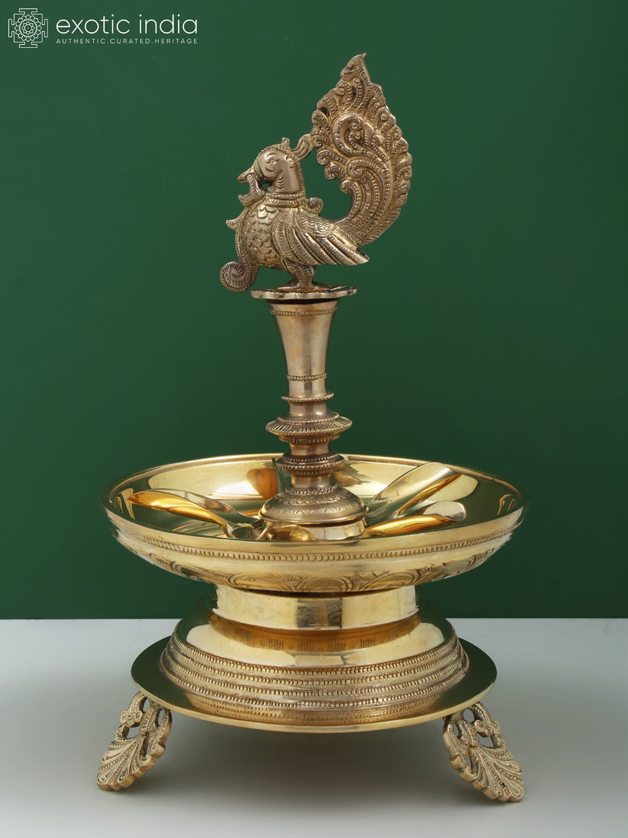 12" Brass Peacock Oil Diya with Five Wicks for Pooja