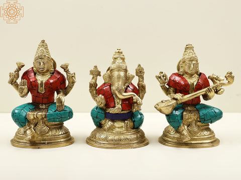 4" Small Brass Blessing Lakshmi Ganesha Saraswati Idol with Inlay Work