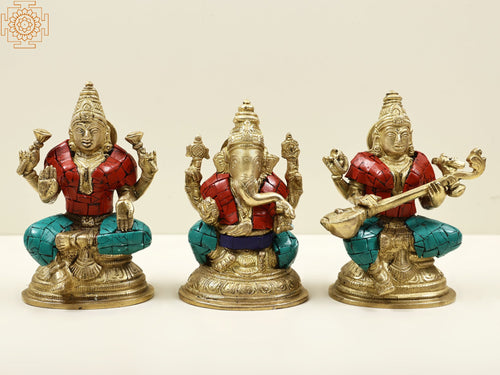 4" Brass Lakshmi Ganesha Saraswati Idol with Inlay Work