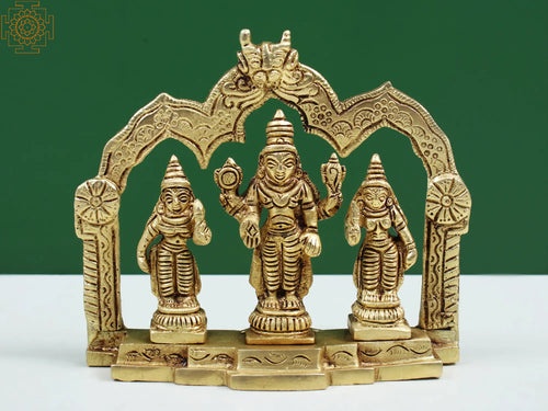 5" Brass Lord Vishnu with Shridevi and Bhudevi Idol