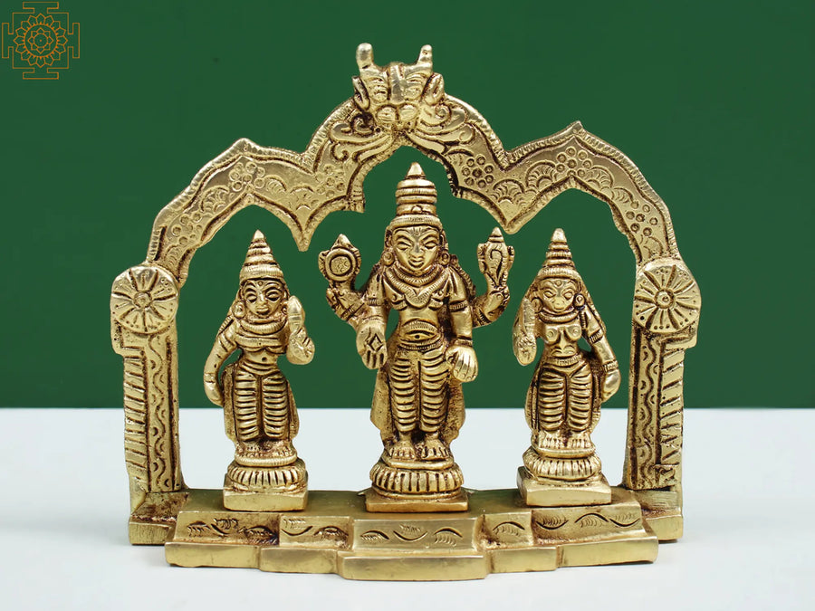 5" Brass Lord Vishnu with Shridevi and Bhudevi Idol