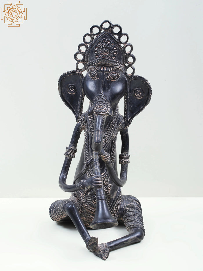 11" Brass Ganesha Playing Shehnai Handmade Statue