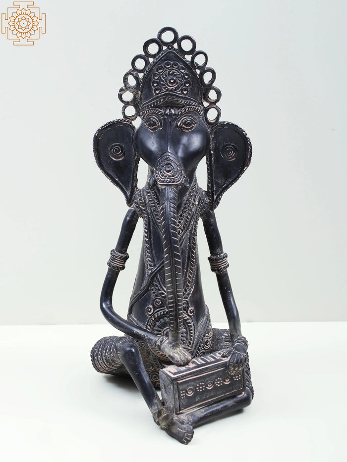 11" Brass Ganesha Playing Sitar Handmade Statue