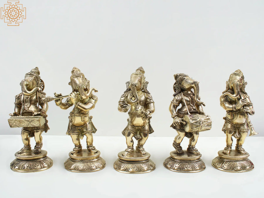 8" Brass Musical Ganesha Statue Set with Pedestal