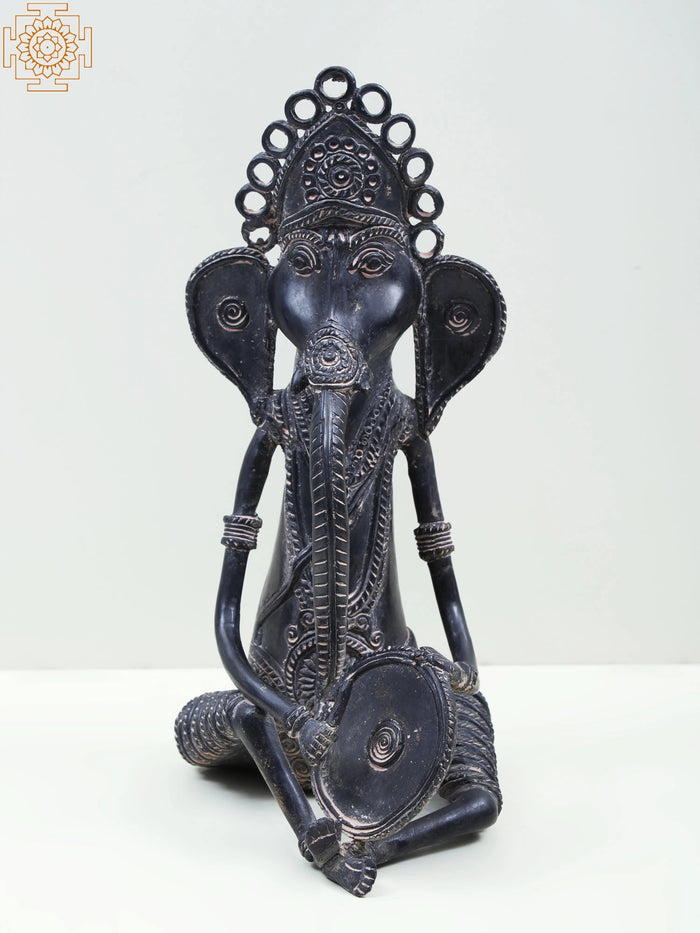 11" Brass Ganesha Playing Drum Handmade Idol
