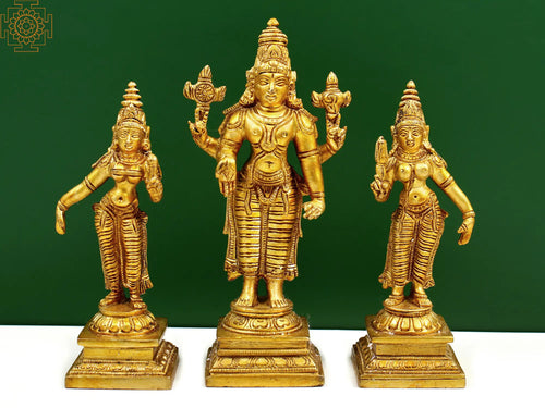 6" Brass Lord Vishnu with Shridevi and Bhudevi Handmade Idol
