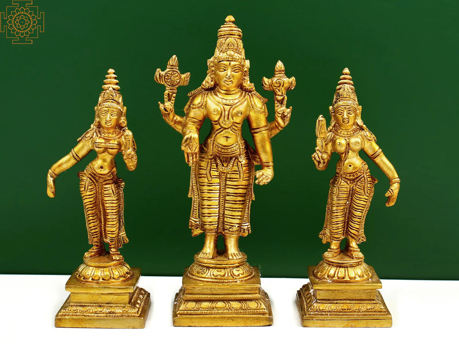 6" Brass Lord Vishnu with Shridevi and Bhudevi Handmade Idol