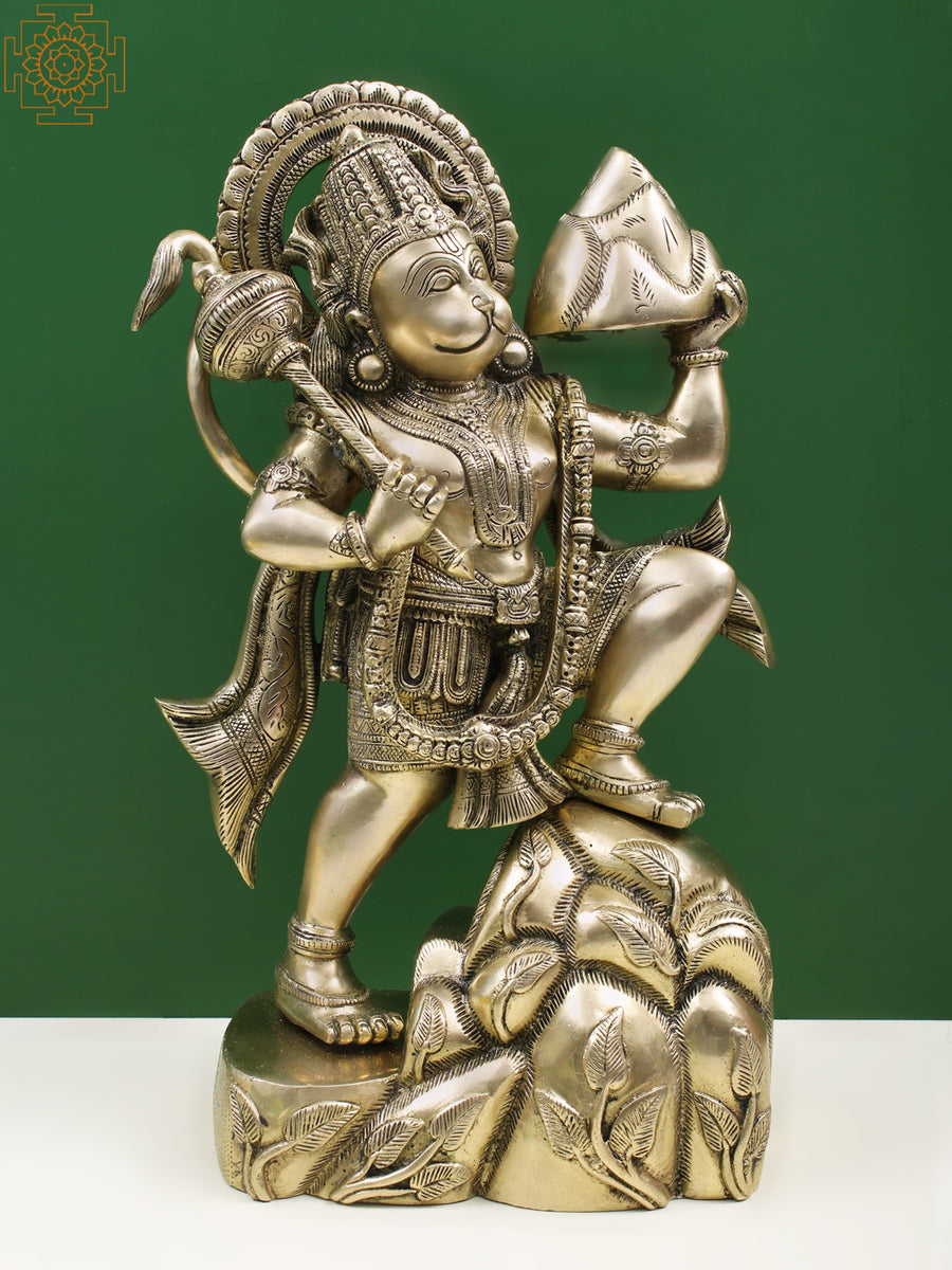 Brass Veer Hanuman Lifting Sanjeevani Mountain Statue