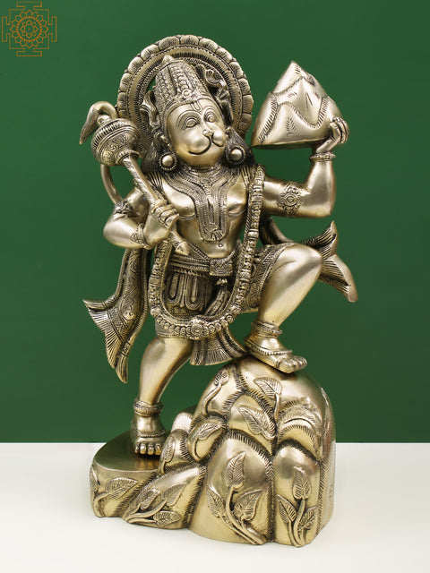 Brass Veer Hanuman Ji Statue Lifting the Sanjeevani Mountain