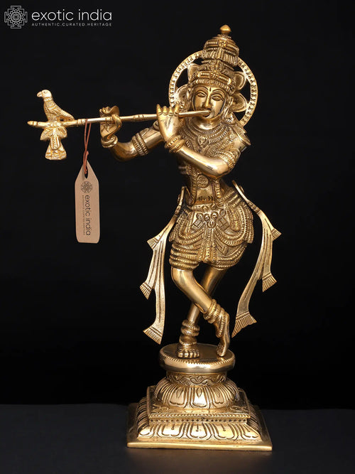 12" Brass Lord Krishna Playing Flute Statue