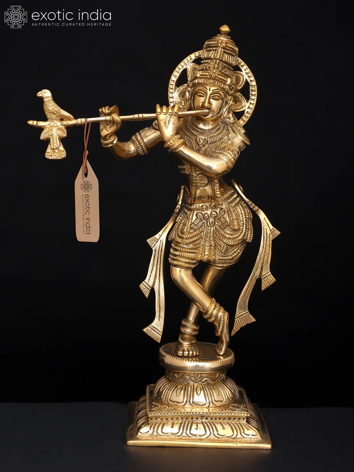 12" Brass Lord Krishna Playing Flute Statue