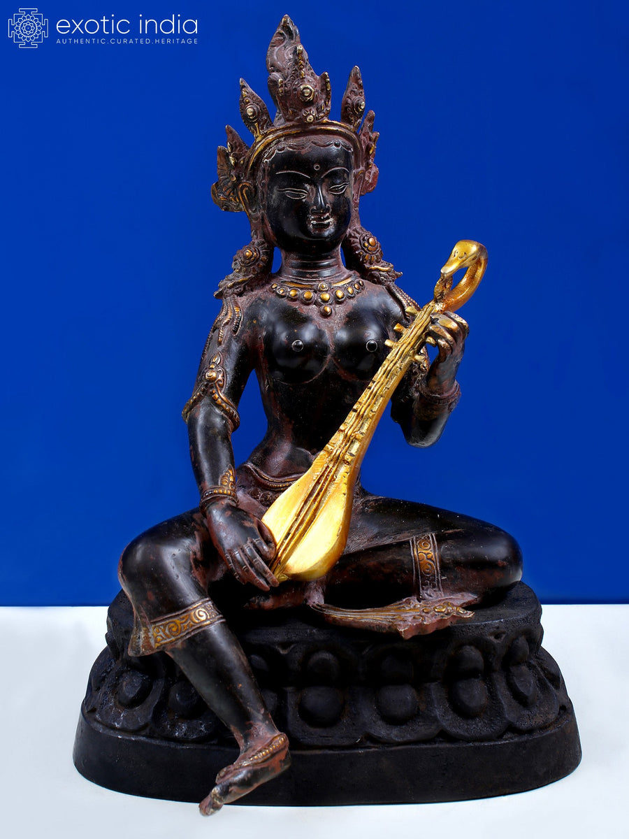 12" Brass Saraswati Nepalese Statue with Wooden Pedestal