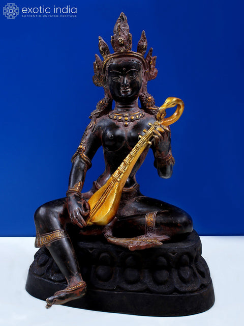 12" Brass Nepalese Form of Saraswati with Wooden Pedestal