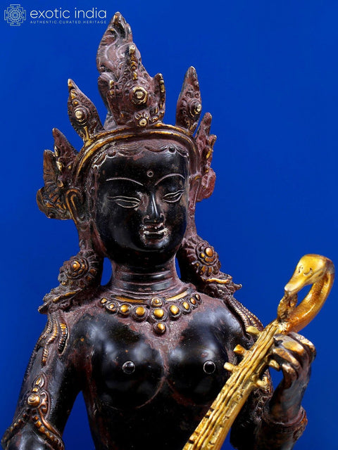 12" Brass Nepalese Form of Saraswati with Wooden Pedestal
