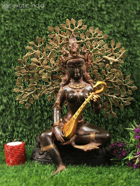 12" Brass Nepalese Form of Saraswati with Wooden Pedestal