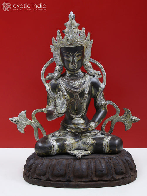 12" Brass Buddha Statue with Crown and Wooden Pedestal for Pooja