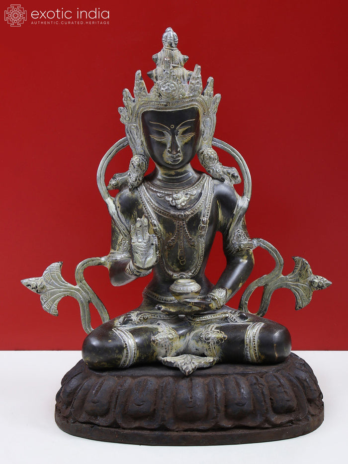 12" Brass Buddha Statue with Crown and Wooden Pedestal for Pooja