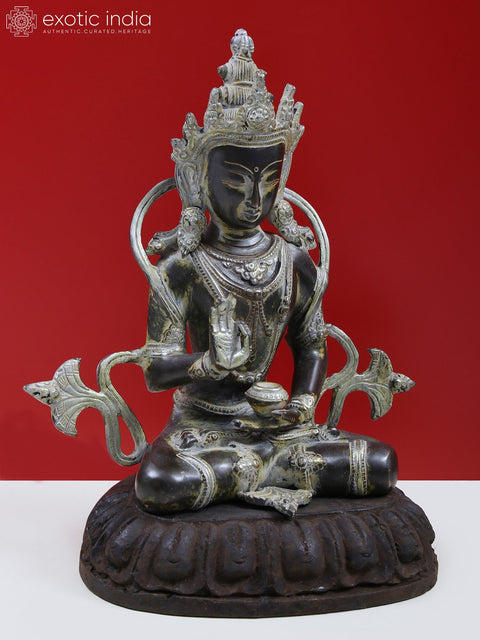 12" Brass Crown Buddha Preaching His Dharma with Wooden Pedestal