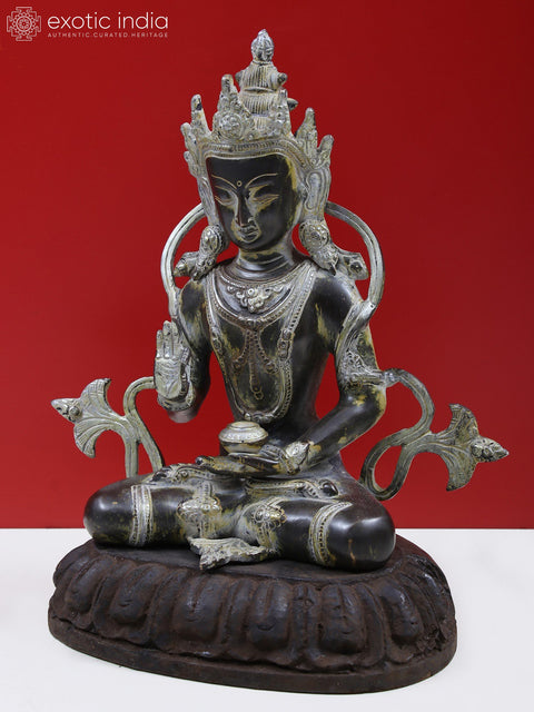 12" Brass Crown Buddha Preaching His Dharma with Wooden Pedestal