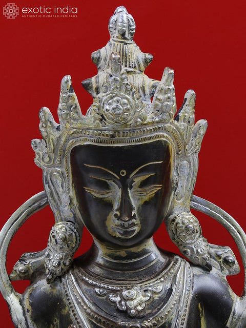 12" Brass Crown Buddha Preaching His Dharma with Wooden Pedestal