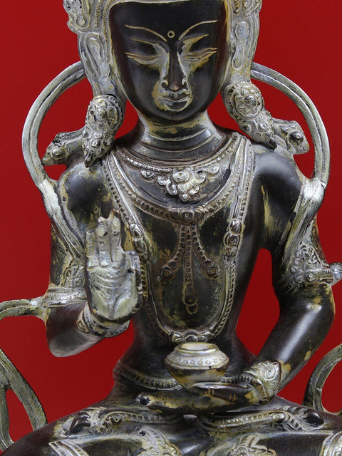 12" Brass Crown Buddha Preaching His Dharma with Wooden Pedestal