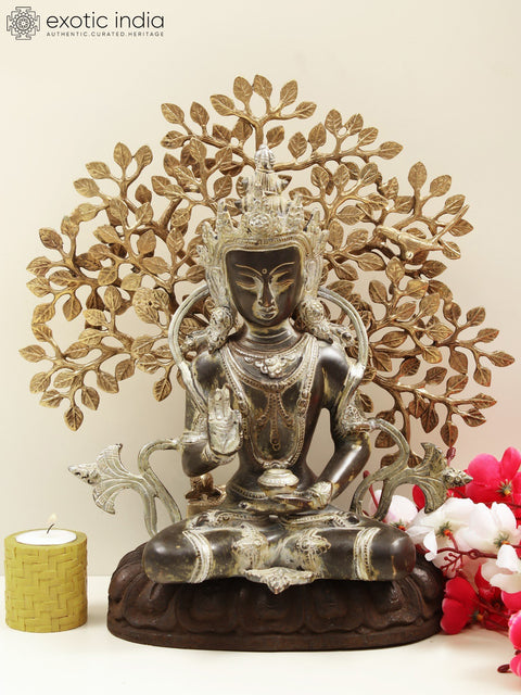 12" Brass Crown Buddha Preaching His Dharma with Wooden Pedestal
