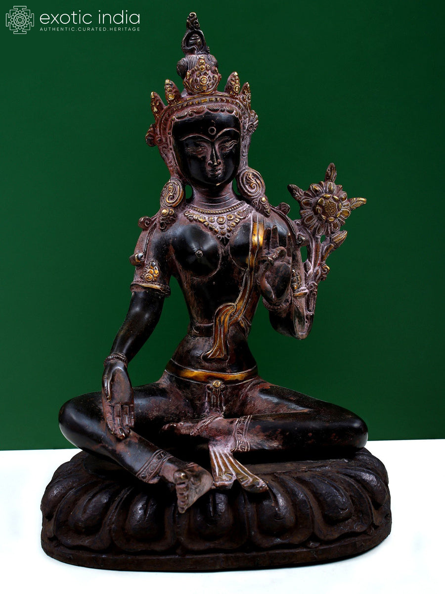 12" Brass Green Tara Goddess Statue with Wooden Pedestal