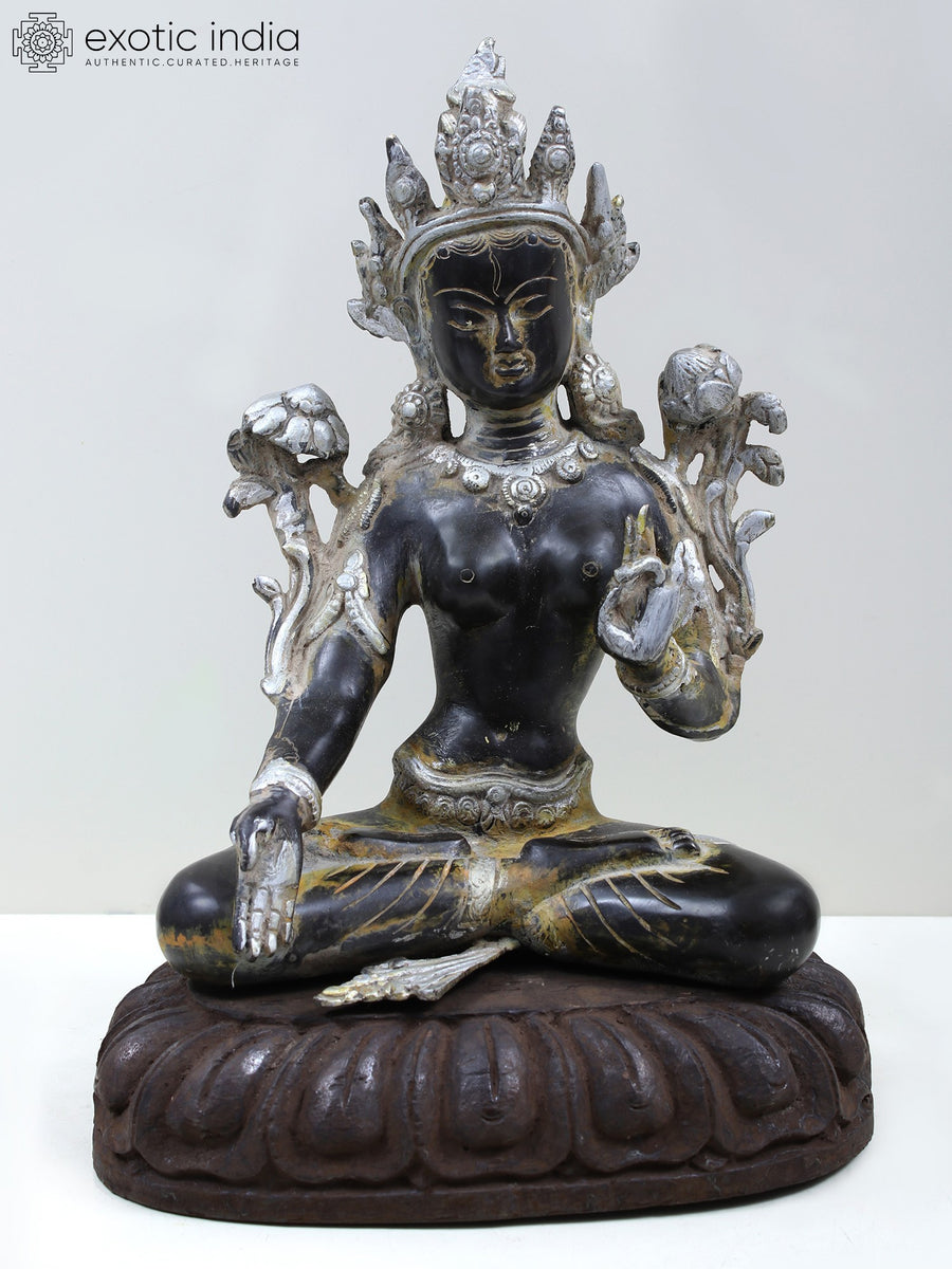 11" Brass White Tara Statue with Wooden Pedestal for Pooja