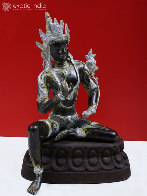 12" Brass Crown Buddha Statue with Wooden Pedestal