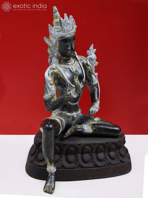 12" Brass Crown Buddha with Wooden Pedestal