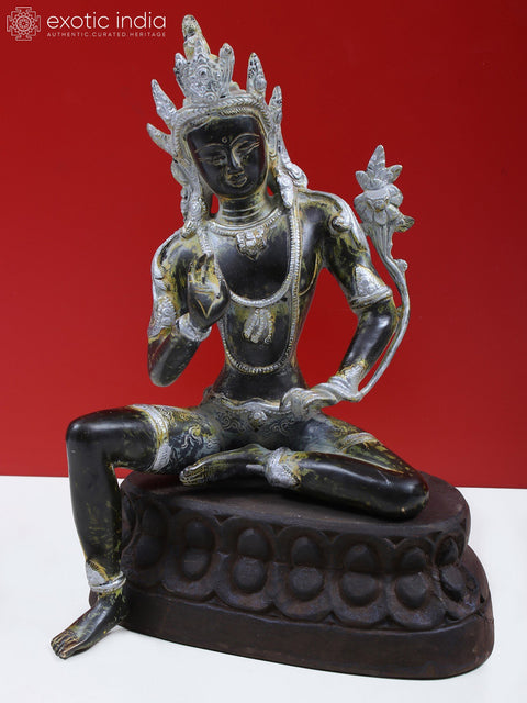 12" Brass Crown Buddha with Wooden Pedestal