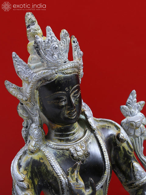 12" Brass Crown Buddha with Wooden Pedestal