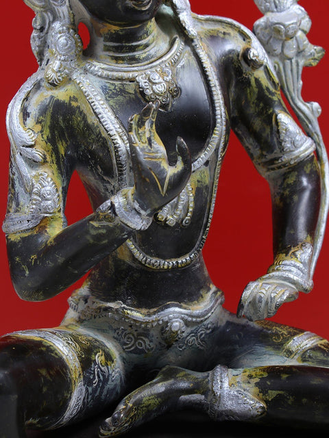 12" Brass Crown Buddha with Wooden Pedestal