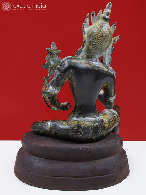 12" Brass Crown Buddha with Wooden Pedestal