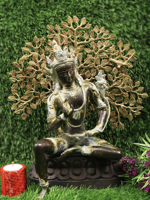 12" Brass Crown Buddha with Wooden Pedestal