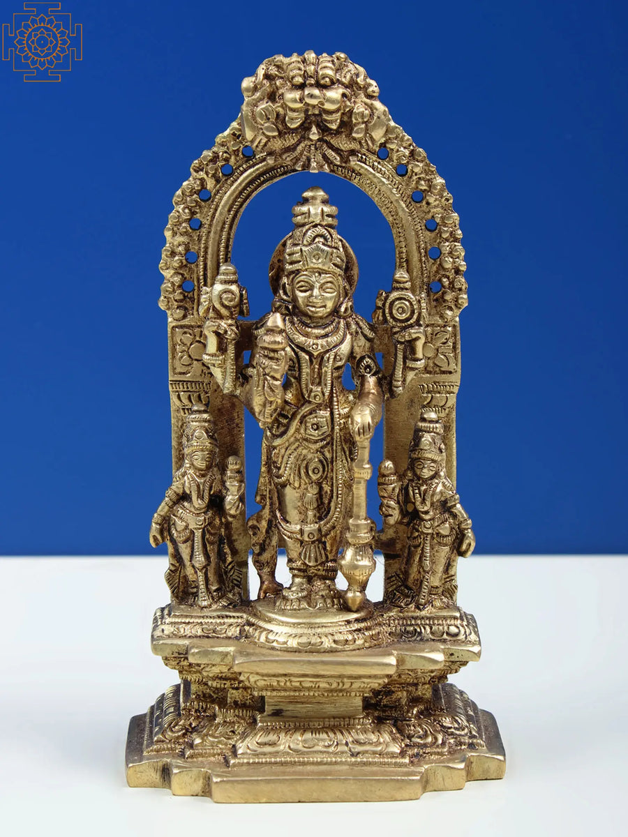 5" Brass Vishnu Idol with Shridevi and Bhudevi for Pooja