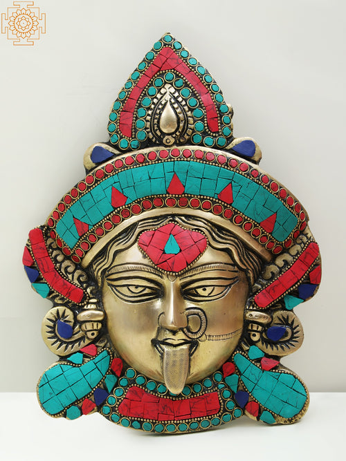 10" Brass Goddess Kali Face Wall Hanging with Inlay Work